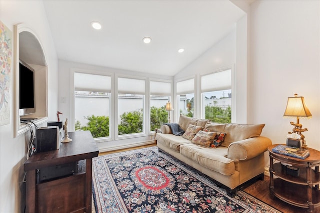 1101 Heights Blvd, Houston, TX 77008 - living room featuring vaulted ceiling, wood finished floors, and recessed lighting
