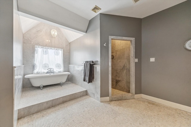 1101 Heights Blvd, Houston, TX 77008 - full bathroom with a freestanding tub, tiled shower, vaulted ceiling, and baseboards
