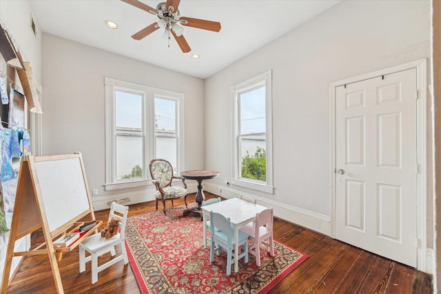 1101 Heights Blvd, Houston, TX 77008 - sitting room with dark wood finished floors, ceiling fan, recessed lighting, and baseboards