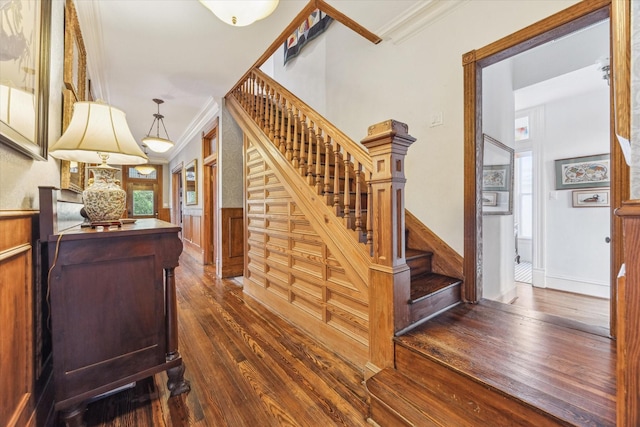 1101 Heights Blvd, Houston, TX 77008 - staircase featuring hardwood / wood-style floors, ornamental molding, wainscoting, and healthy amount of natural light