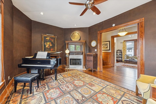 1101 Heights Blvd, Houston, TX 77008 - sitting room with a ceiling fan, wood finished floors, a fireplace, and recessed lighting