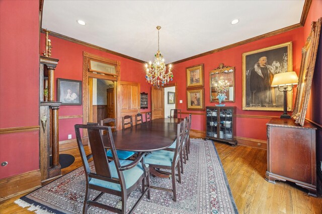 1101 Heights Blvd, Houston, TX 77008 - dining area featuring a chandelier, wood finished floors, baseboards, ornamental molding, and recessed lighting