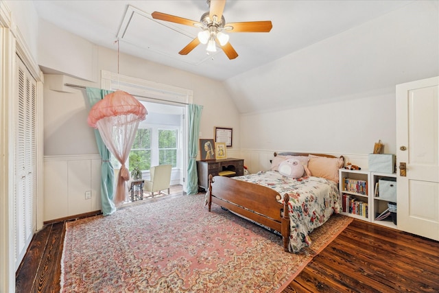 1101 Heights Blvd, Houston, TX 77008 - bedroom with wood finished floors, a wainscoted wall, lofted ceiling, attic access, and ceiling fan