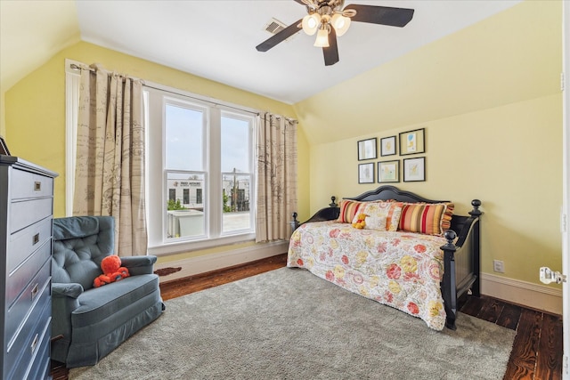 1101 Heights Blvd, Houston, TX 77008 - bedroom featuring wood finished floors, vaulted ceiling, baseboards, and a ceiling fan