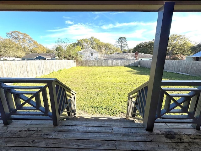 wooden deck featuring a fenced backyard and a yard