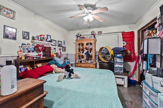 7135 Click Dr, Beaumont, TX 77708 - bedroom featuring finished concrete flooring, ornamental molding, wainscoting, and ceiling fan
