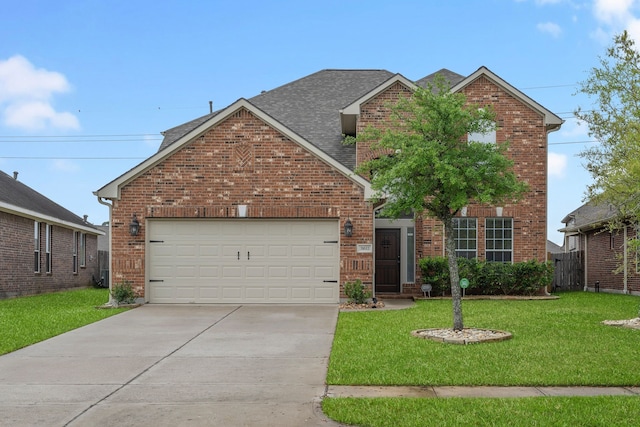 traditional-style home with brick siding, a garage, a front lawn, and driveway