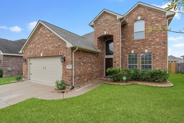 traditional-style home featuring a garage, a front lawn, brick siding, a shingled roof, and driveway