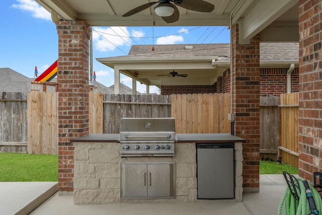 view of patio / terrace with fence, a ceiling fan, grilling area, and area for grilling