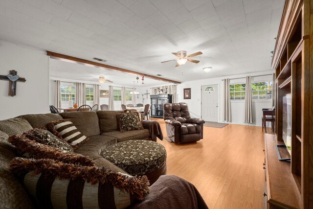 living room with a wealth of natural light, visible vents, a ceiling fan, and light wood finished floors