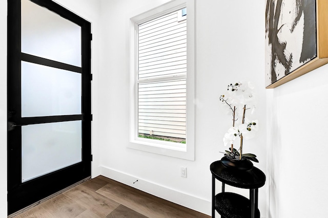 foyer featuring baseboards and wood finished floors