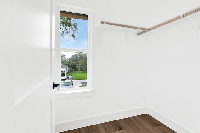 walk in closet with dark wood-type flooring