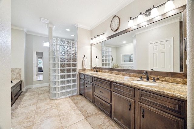 271 W Pines Dr, Montgomery, TX 77356 - bathroom with crown molding, double vanity, and tile patterned floors
