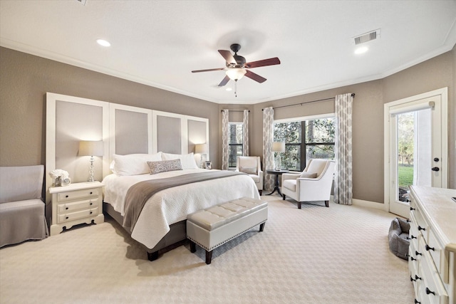 271 W Pines Dr, Montgomery, TX 77356 - bedroom featuring access to exterior, crown molding, light carpet, a ceiling fan, and baseboards