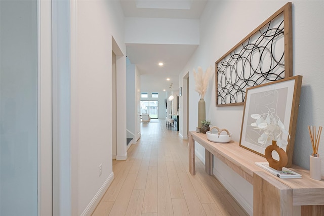 9603 Crescent Mill Dr, Missouri City, TX 77459 - hall with recessed lighting, light wood-type flooring, and baseboards
