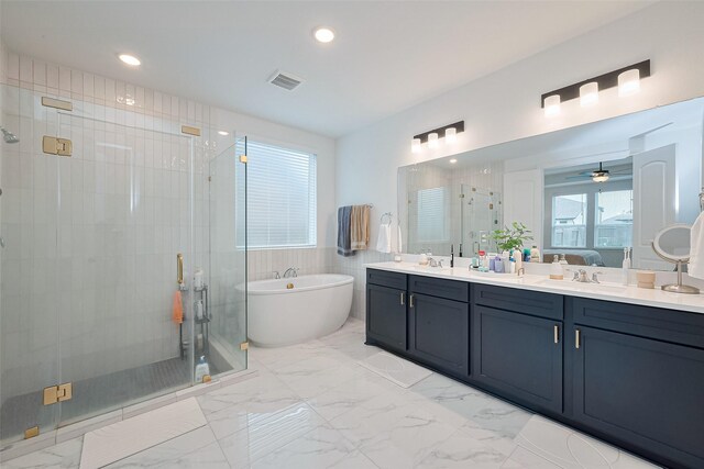 9603 Crescent Mill Dr, Missouri City, TX 77459 - ensuite bathroom with ensuite bathroom, visible vents, marble finish floor, a sink, and a stall shower