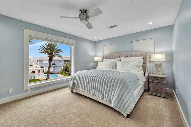 126 Tamana Dr, Tiki Island, TX 77554 - carpeted bedroom with baseboards, visible vents, recessed lighting, and a ceiling fan