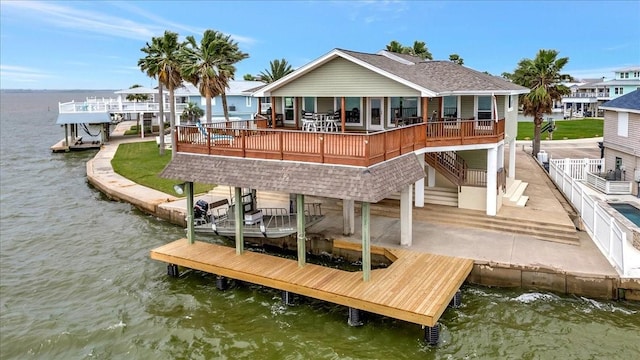 126 Tamana Dr, Tiki Island, TX 77554 - view of dock featuring a water view, stairs, and boat lift