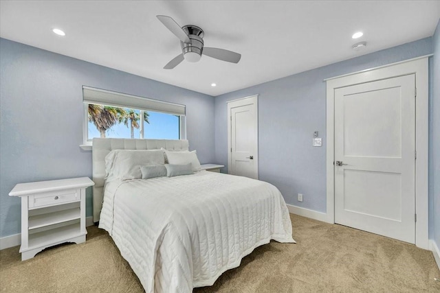 126 Tamana Dr, Tiki Island, TX 77554 - carpeted bedroom featuring baseboards, ceiling fan, and recessed lighting