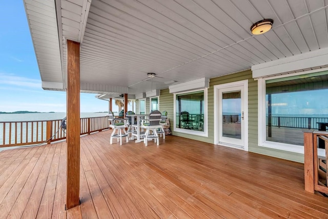 126 Tamana Dr, Tiki Island, TX 77554 - deck with a water view and ceiling fan
