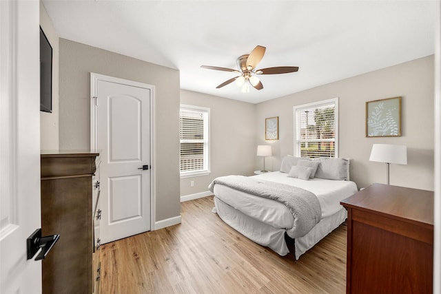 2008 71st St, Galveston, TX 77551 - bedroom featuring light wood-style flooring, baseboards, and ceiling fan