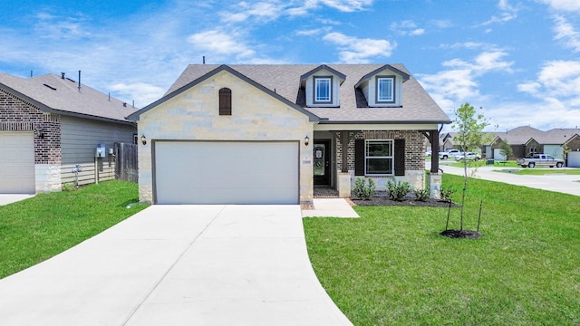view of front of home featuring a garage, a front lawn, concrete driveway, and roof with shingles