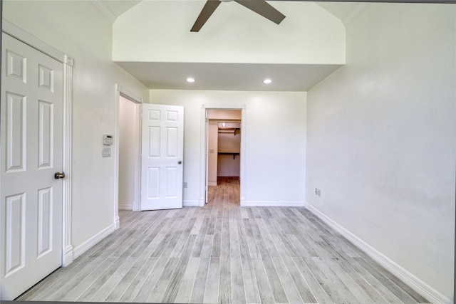49 Regency Pt, Conroe, TX 77356 - unfurnished bedroom with lofted ceiling, light wood-style flooring, baseboards, ceiling fan, and recessed lighting