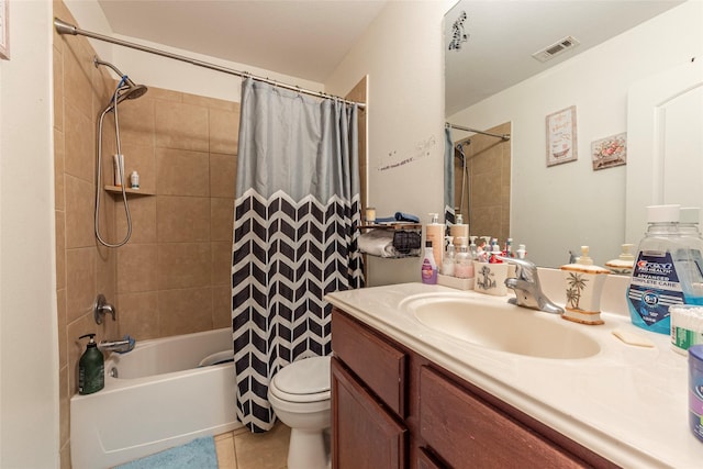 bathroom with toilet, vanity, shower / bathtub combination with curtain, tile patterned flooring, and visible vents