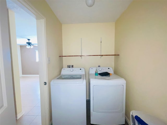2503 Radcliffe Dr, Sugar Land, TX 77498 - laundry area with washer and clothes dryer, ceiling fan, and light tile patterned floors
