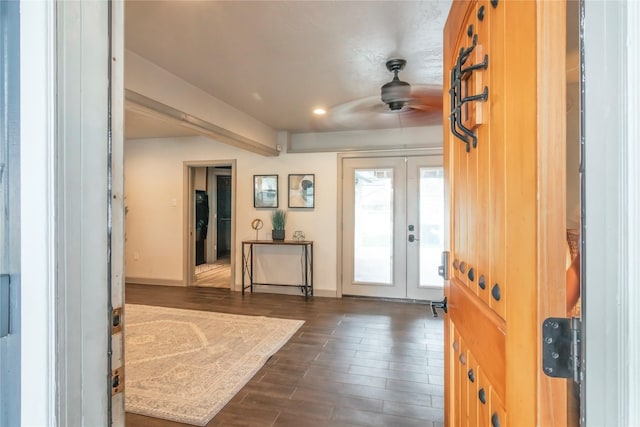 foyer entrance with dark wood finished floors, recessed lighting, baseboards, a ceiling fan, and french doors