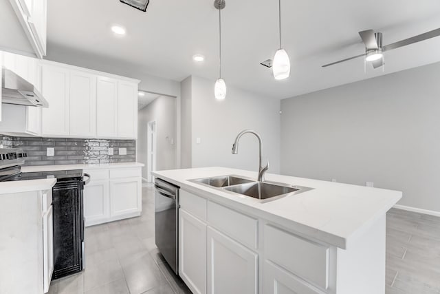 kitchen with tasteful backsplash, range hood, electric range, a sink, and dishwasher