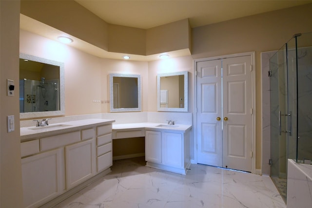 18719 Racquet Sports Way, Humble, TX 77346 - full bath featuring a marble finish shower, vanity, marble look tile flooring, and recessed lighting