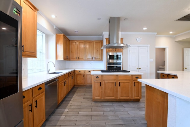 18719 Racquet Sports Way, Humble, TX 77346 - kitchen featuring appliances with stainless steel finishes, island range hood, a sink, ornamental molding, and backsplash