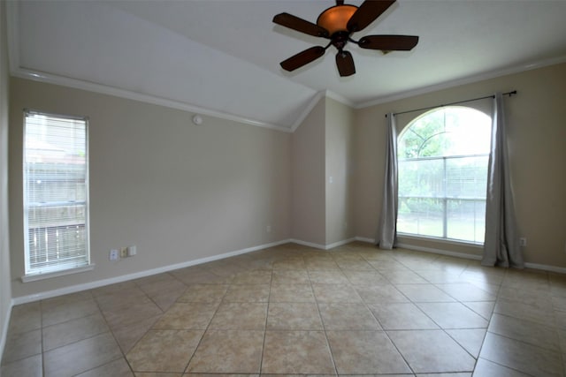 18719 Racquet Sports Way, Humble, TX 77346 - unfurnished room featuring lofted ceiling, ornamental molding, a ceiling fan, baseboards, and light tile patterned floors