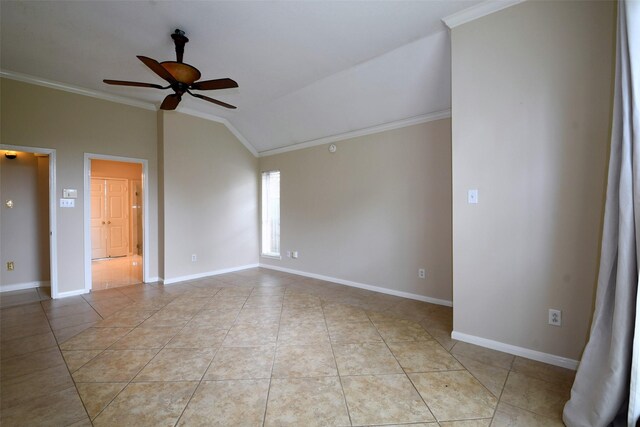 18719 Racquet Sports Way, Humble, TX 77346 - empty room with crown molding, a ceiling fan, vaulted ceiling, light tile patterned flooring, and baseboards