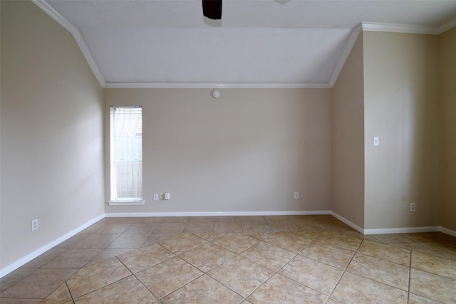 18719 Racquet Sports Way, Humble, TX 77346 - empty room featuring vaulted ceiling, crown molding, tile patterned floors, a ceiling fan, and baseboards