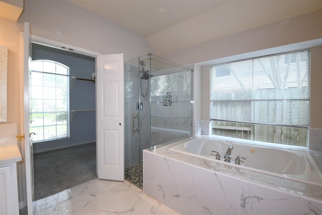 18719 Racquet Sports Way, Humble, TX 77346 - bathroom featuring a marble finish shower, a bath, marble finish flooring, vanity, and lofted ceiling