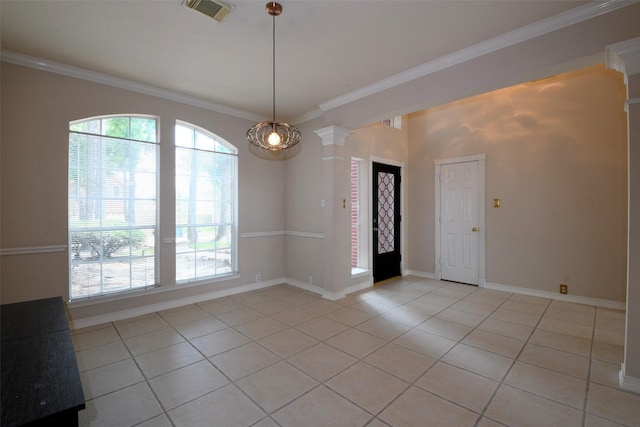 18719 Racquet Sports Way, Humble, TX 77346 - unfurnished room with light tile patterned flooring, ornamental molding, decorative columns, and baseboards