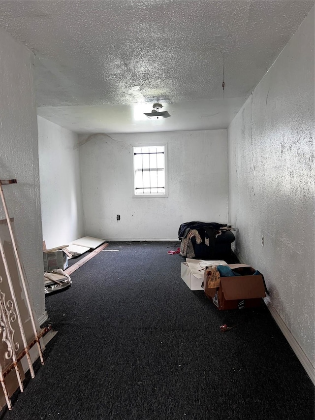 interior space featuring carpet floors, a textured wall, and a textured ceiling