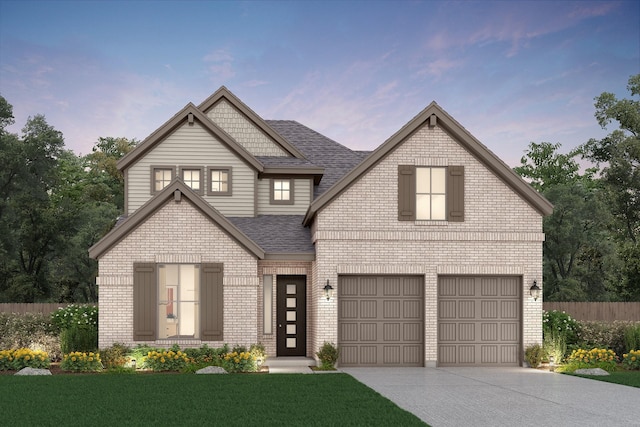 view of front facade with concrete driveway, a shingled roof, fence, brick siding, and a garage