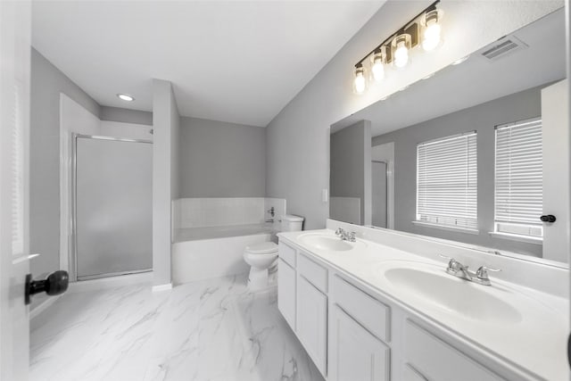 6718 Wild Pecan Trl, Houston, TX 77084 - full bath featuring marble finish floor, visible vents, a sink, a garden tub, and a stall shower