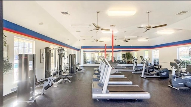 18918 Knobby Oaks Pl, Magnolia, TX 77355 - exercise room featuring a ceiling fan