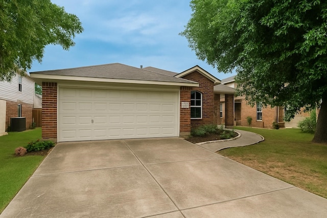 18918 Knobby Oaks Pl, Magnolia, TX 77355 - single story home with brick siding, driveway, a front lawn, a garage, and central air condition unit
