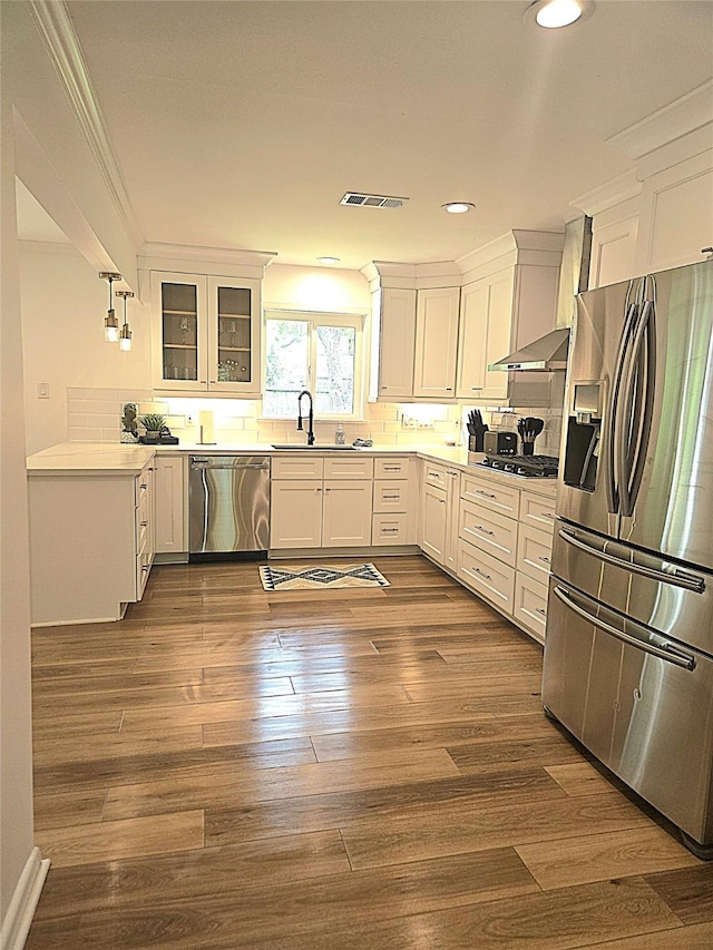kitchen featuring tasteful backsplash, a sink, glass insert cabinets, appliances with stainless steel finishes, and dark wood-style flooring