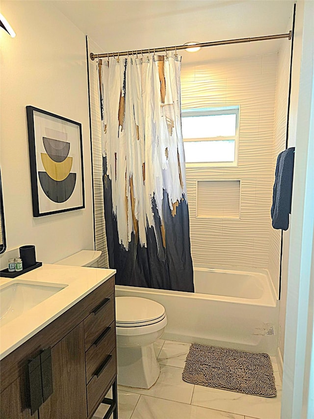 bathroom with shower / tub combo, marble finish floor, vanity, and toilet