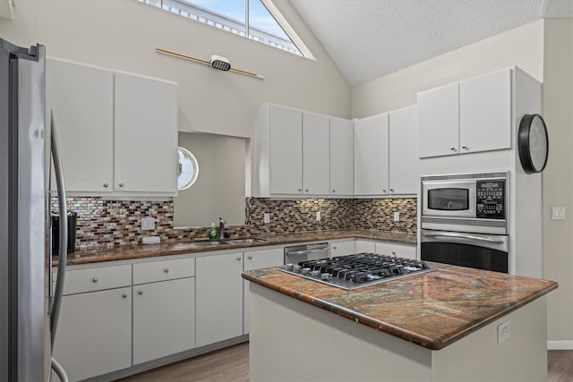 kitchen featuring lofted ceiling, a textured ceiling, backsplash, a sink, and appliances with stainless steel finishes