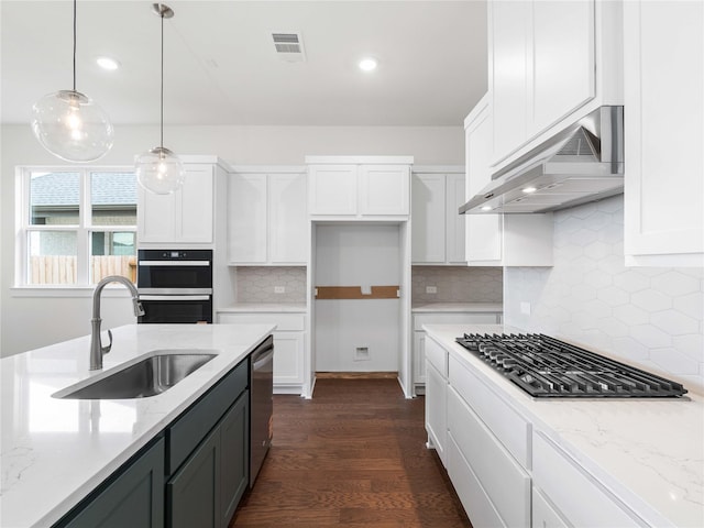 7517 Hawk Crest Dr, Fulshear, TX 77441 - kitchen with ventilation hood, appliances with stainless steel finishes, white cabinetry, dark wood-style flooring, and light stone counters