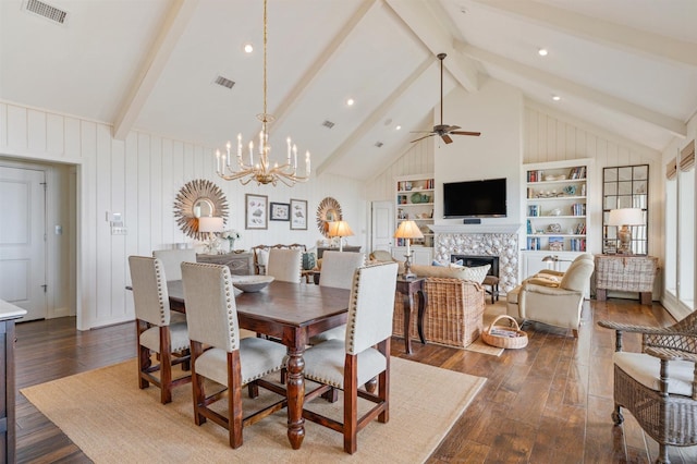 dining room featuring beamed ceiling, visible vents, and dark wood-type flooring