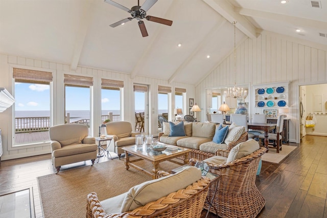 living area featuring dark wood-style floors, high vaulted ceiling, ceiling fan with notable chandelier, and beam ceiling