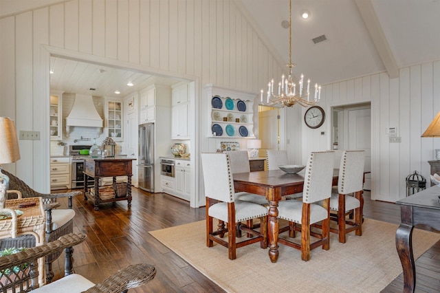 dining room featuring high vaulted ceiling, beam ceiling, a chandelier, visible vents, and dark wood-style flooring